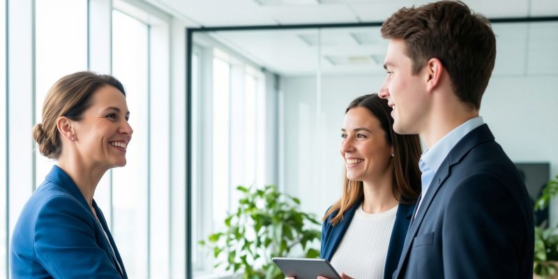 Des collègues d'affaires se serrent la main et sourient dans un bureau moderne